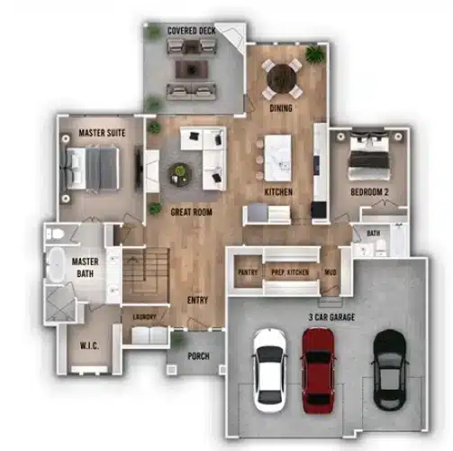 top down view of a home plan with a 3 car garage, ranch style home